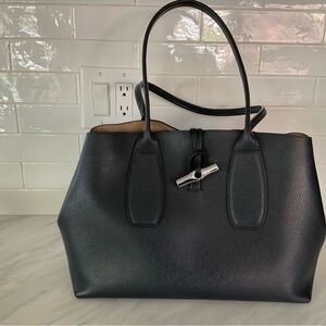 Longchamp Black Pebbled Leather Tote with Silver Toggle